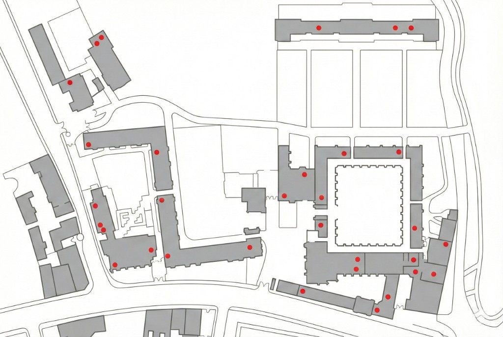 Map of Magdalen College with sanitary bin installation markers